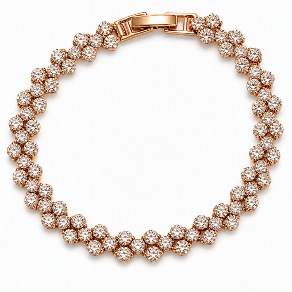Sparkling Rose Gold Tone Round Colorless Stones Cluster Tennis Bracelet 7.25"